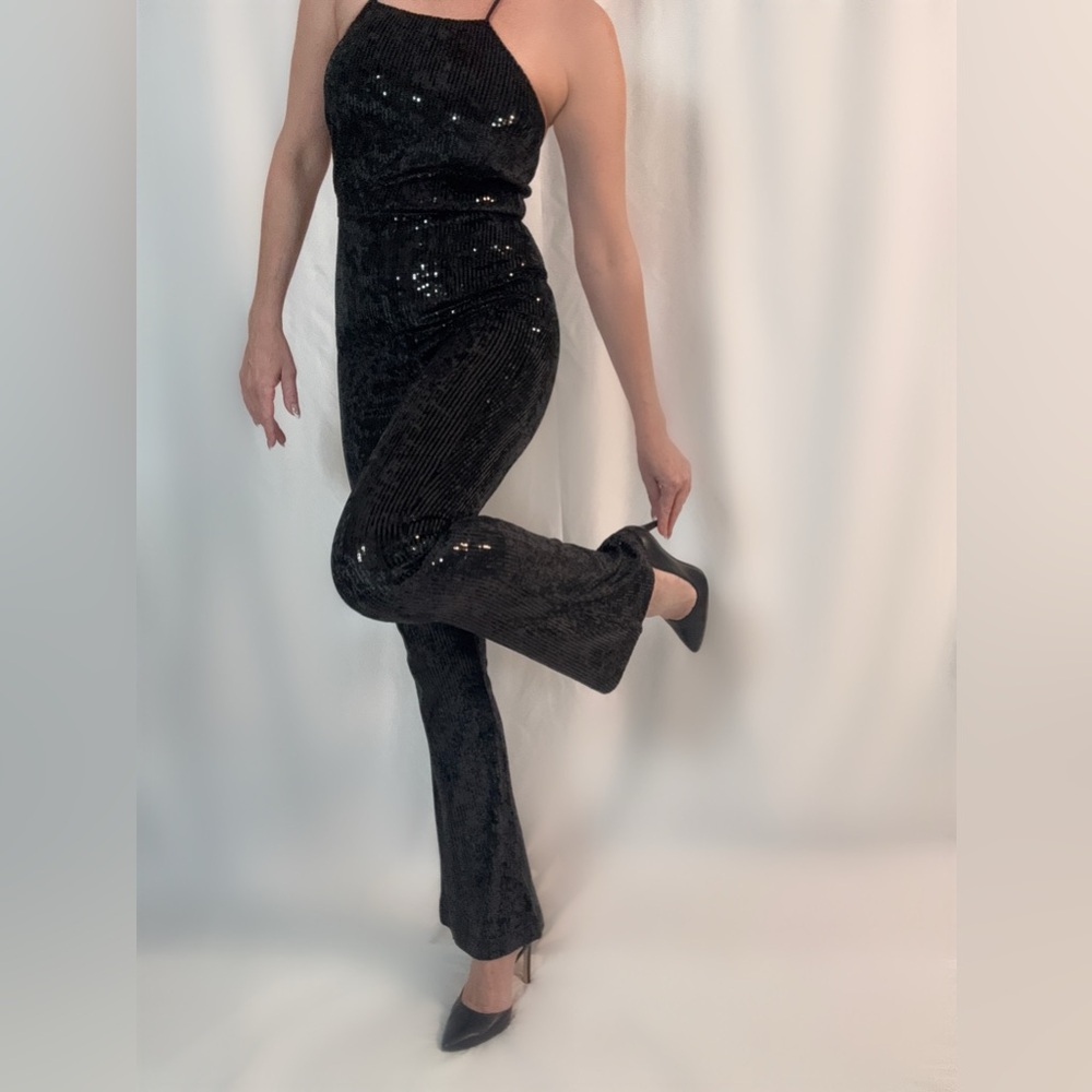 Kittenish Black Sequin Flare Jumpsuit
